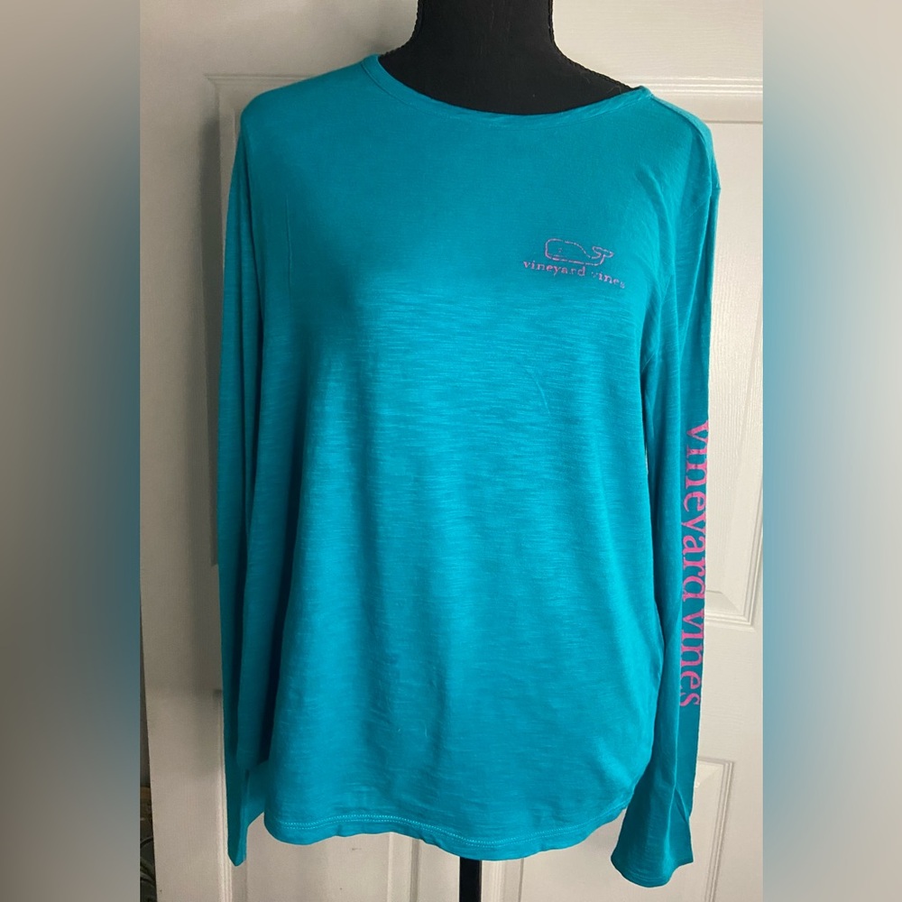 Vineyard Vines Women's Small Turquoise Pink Whale Long Sleeve Cotton Slub Tee